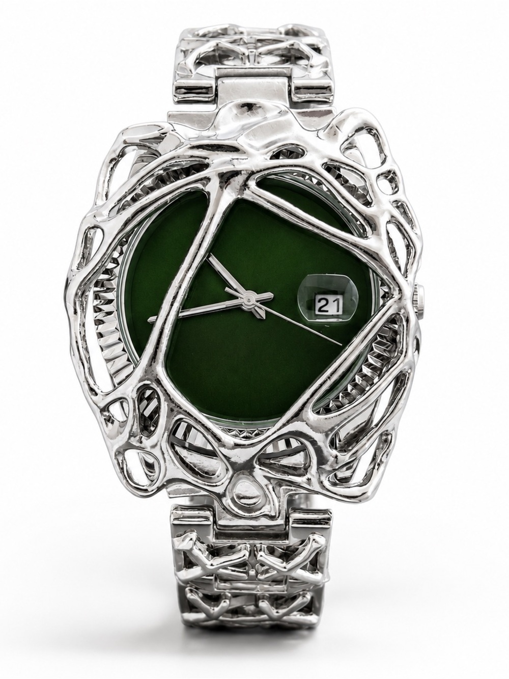 Sculptural Silver Tone Statement Watch Green Dial Date Unique Design